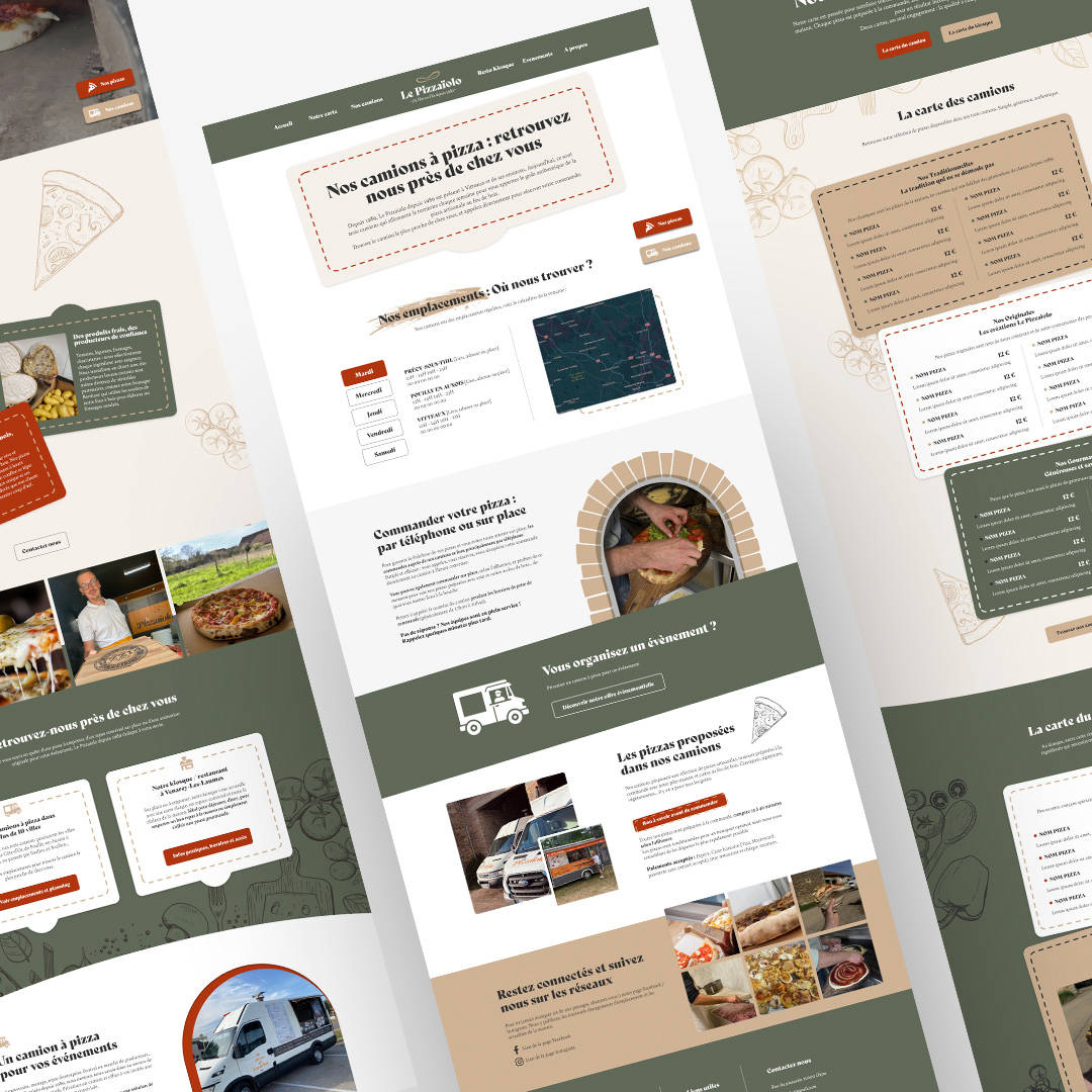 Mockup Pizzaiolo Site pizza, savoir-faire, familial, ingrédients, camion, feu de bois, cuisson